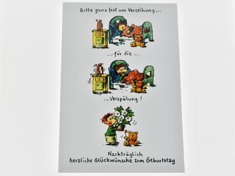 Geburtstagskarte - Kleine Bildergeschichte - Verschlafen