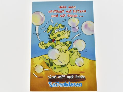 Geburtstagskarte - Lustiger Dino mit Seifenblasen (Comic)