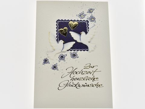 Hochzeitskarte - Tauben auf blauem Hintergrund und silbernen Herzen