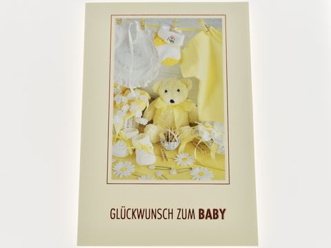 Glckwunschkarte - verschiedene Baby-Sachen in gelb und weis