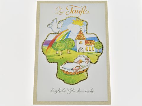 Taufkarte - Zeichnung einer Landschaft mit Kirche, Kind und Taube