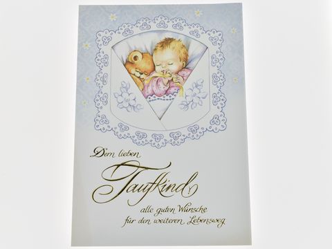 Taufkarte - Schlafendes Baby mit Teddy