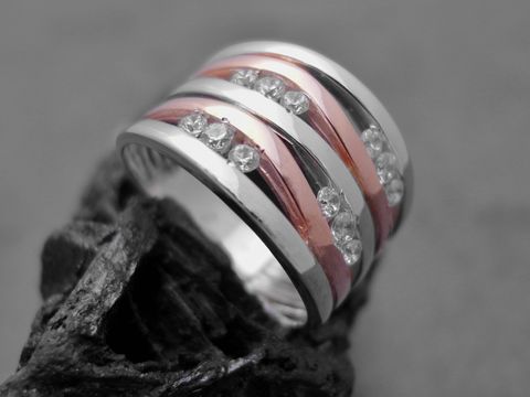 Designerwellen Ring - Gr. 48 - Sterling Silber - bicolor Rosvergoldung rhod. - Zirkonia