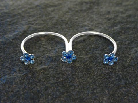 Doppel Zehenring - Sterling Silber mit 3 blauen Blüten