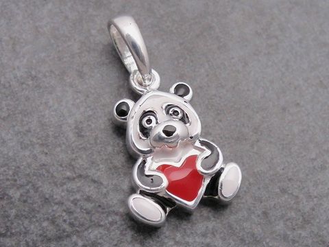 Silber Anhnger - Panda mit Herz - Lack - schwarz-wei-rot - zum Verlieben