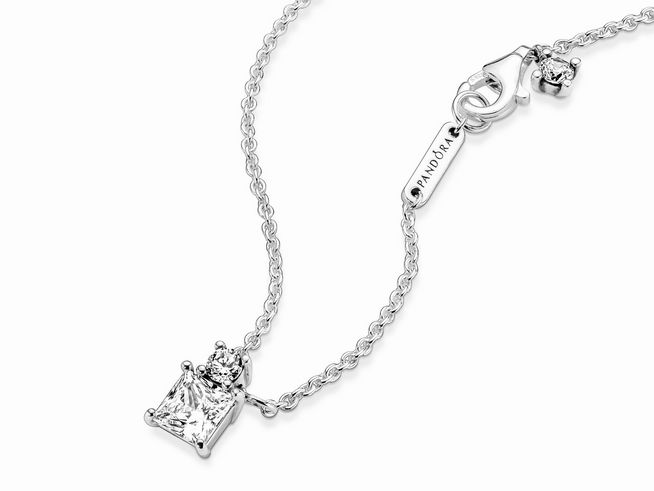 Pandora Kette mit Anhnger 390048C01-45 - Funkelnde Collier-Halskette mit rundem und quadratischem Anhnger - Sterling Silber -