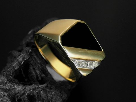 Gold Ring - Gold 585 - Diamant + Onyx - viereckig - Gr. 60