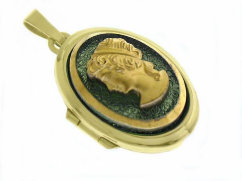 Dame grn - Medaillon mit Cabochon - Gold 585