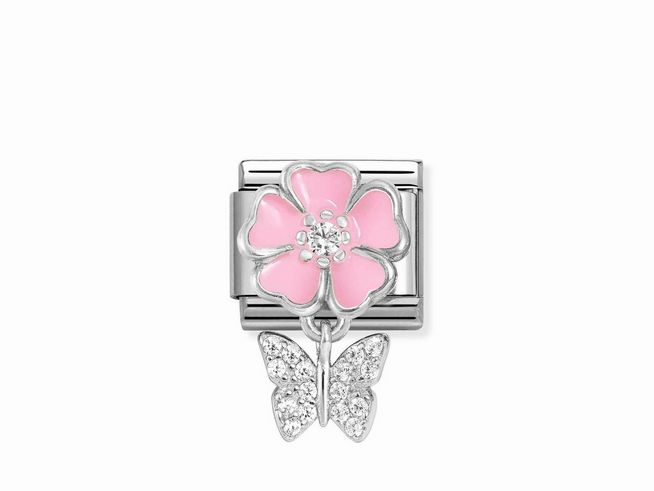 Nomination Classic Silber 331814 02 - rosa Blume - Schmetterling - Zirkonia & Emaille - Wei