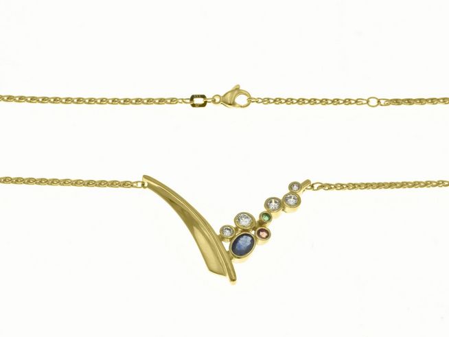 Collierkette mit Mittelteil 333 - Gelbgold - Saphir + Smaragd + Rubin + Zirkonia - 42 cm & 45 cm