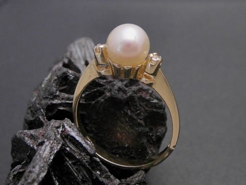 Gold Perlen Ring - attraktiv Gr. 52,5 - 7,4 mm Zuchtperle + Zirkonia - Gold 333