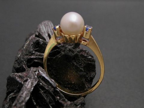 Gold Perlen Ring - attraktiv Gr. 53 - 7,4 mm Zuchtperle + synth. Saphir Gold 333