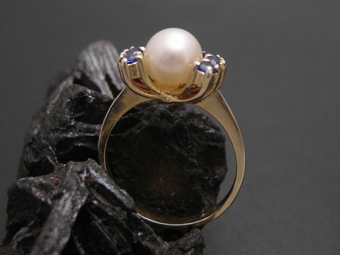 Gold Perlen Ring - edel - Gr. 54 - 6,9 mm Zuchtperle + synth. Saphir - Gold 333