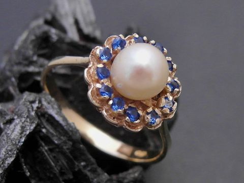 Gold Perlen Ring - blumig Gr. 54 - 6,1 mm Zuchtperle + synth. Saphir - Gold 333