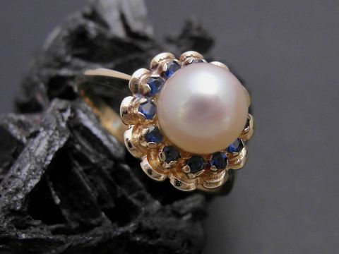 Gold Perlen Ring - Blhte - Gr. 55 - 6,8 mm Zuchtperle + synth. Saphir - Gold 333