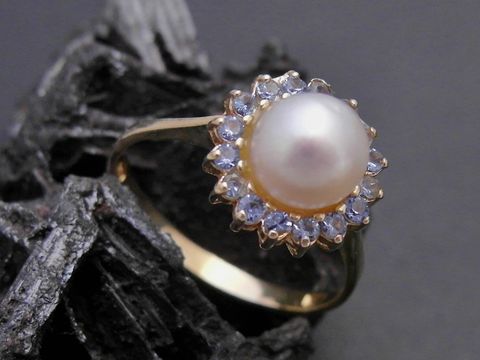 Gold Perlen Ring - nostalgisch - Gr. 53,5 - 7,2 mm Zuchtperle + synth. Aqua