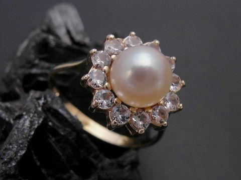 Gold Perlen Ring - nostalgisch - Gr. 52,5 - 7,4 mm Zuchtperle + Zirkonia