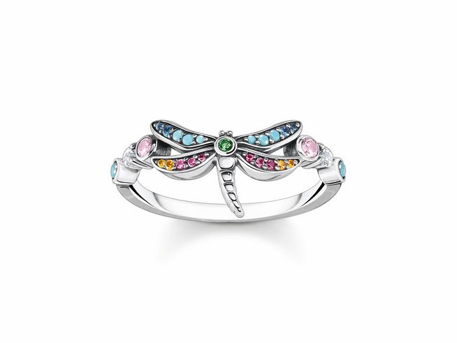 Thomas Sabo Ring TR2383-314-7-48 Libelle Sterling Silber geschw. - Glas-Keramik Stein - Emaille - synth. Korund - synth. Spinell