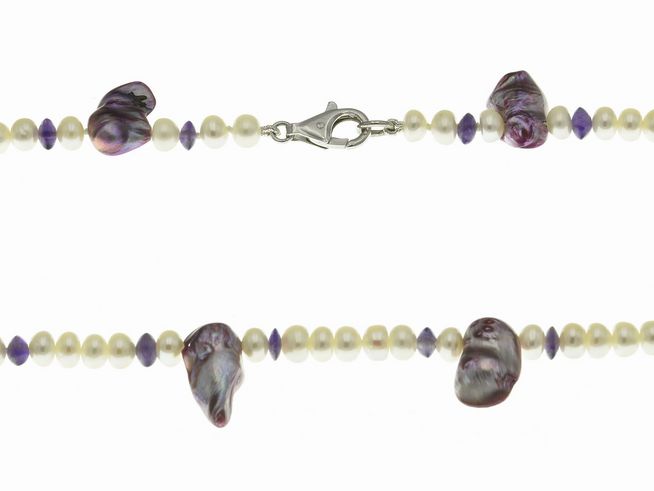 Perlenkette 48 cm - Wei/Violett - Swasser Zuchtperlen, Perlmutt, Amethyst