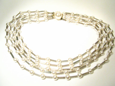 Fnfreihige Kette runde Perlen -NEU-  Silber Grau -