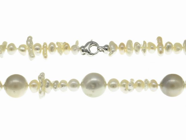 Perlenkette - Tahiti-Perlen - Swasser-Keshiperlen 7-12,5 mm - Wei - Grau - 68 cm - Silber