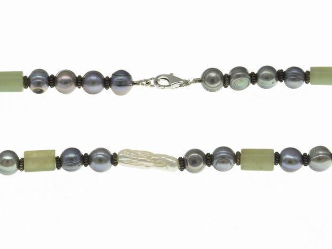 Perlenkette - Swasser-Zuchtperlen - Serpentin 4,5-7,5 mm - Wei - Grau - Grn - 42 cm - Silber