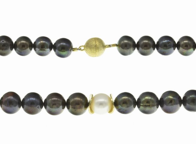 Perlenkette - Swasser-Zuchtperlen 10,5-11 mm - Violett-Grn - Wei - 39 cm - Silber