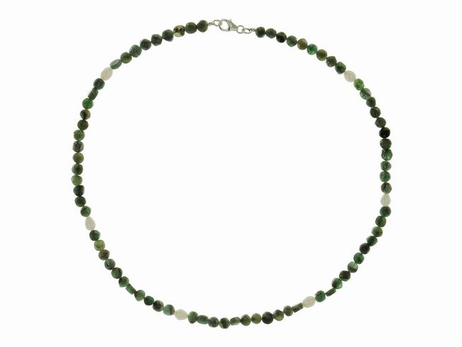 Steinkette - Smaragd + Swasser-Zuchtperlen 3,5-5,5 mm - Grn - Wei - 45 cm - Silber