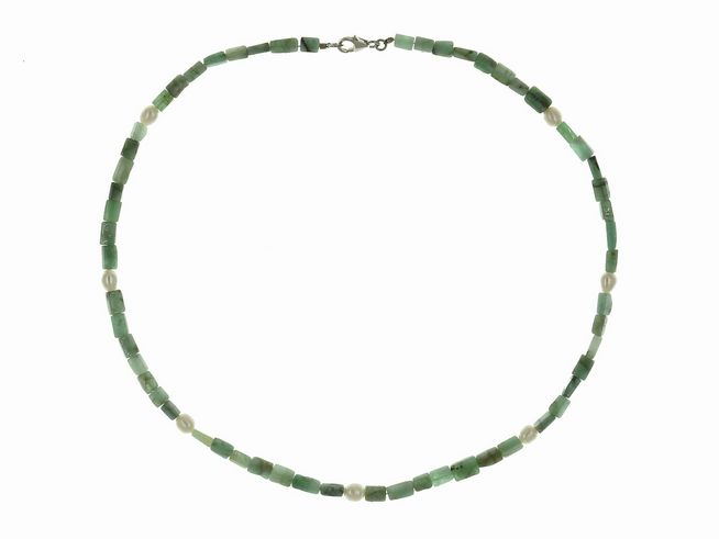 Steinkette - Smaragd + Swasser-Zuchtperlen 4,5-5,5 mm - Grn - Wei - 45 cm - Silber