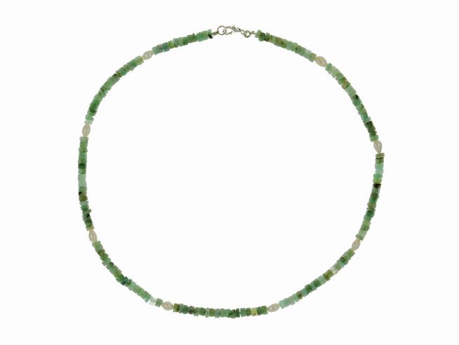 Steinkette - Smaragd + Swasser-Zuchtperlen 4,5-5,6 mm - Grn - Wei - 45 cm - Silber