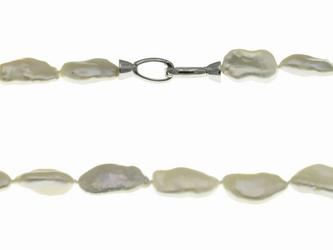 Perlenkette - 44 cm - Silber - wei - Barock flach - Zuchtperlen