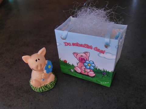 Schweinchen - Glcksschweinchen mit Geschenktasche - mit blauer Blume