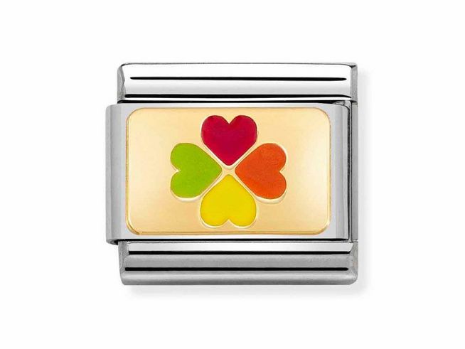 403026321-0 Das Bild zeigt einen Anhänger von Nomination in Classic Gelbgold mit buntem Emaille-Motiv eines vierblättrigen Glücksklees, das in leuchtenden Farben gestaltet ist.