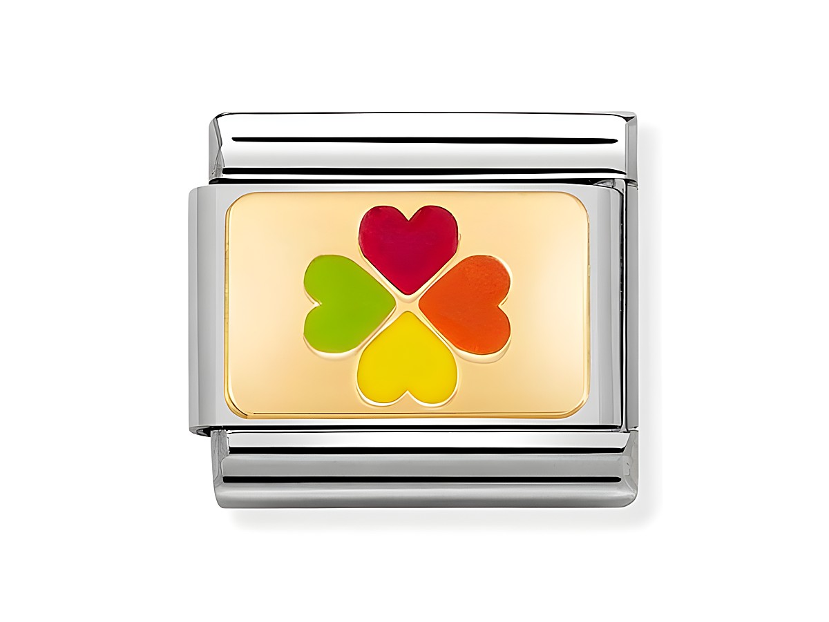 Das Bild zeigt einen Anhänger von Nomination in Classic Gelbgold mit buntem Emaille-Motiv eines vierblättrigen Glücksklees, das in leuchtenden Farben gestaltet ist.