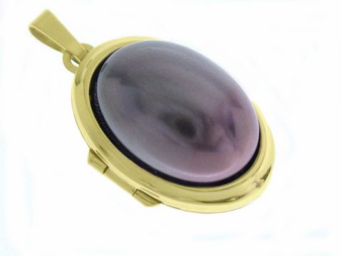 Perle GRAU Medaillon mit Cabochon aus Gold 585, Hersteller Juwelier Harnisch, elegantes Design mit geschwungener Form, ideal als Schmuckstück für besondere Anlässe.