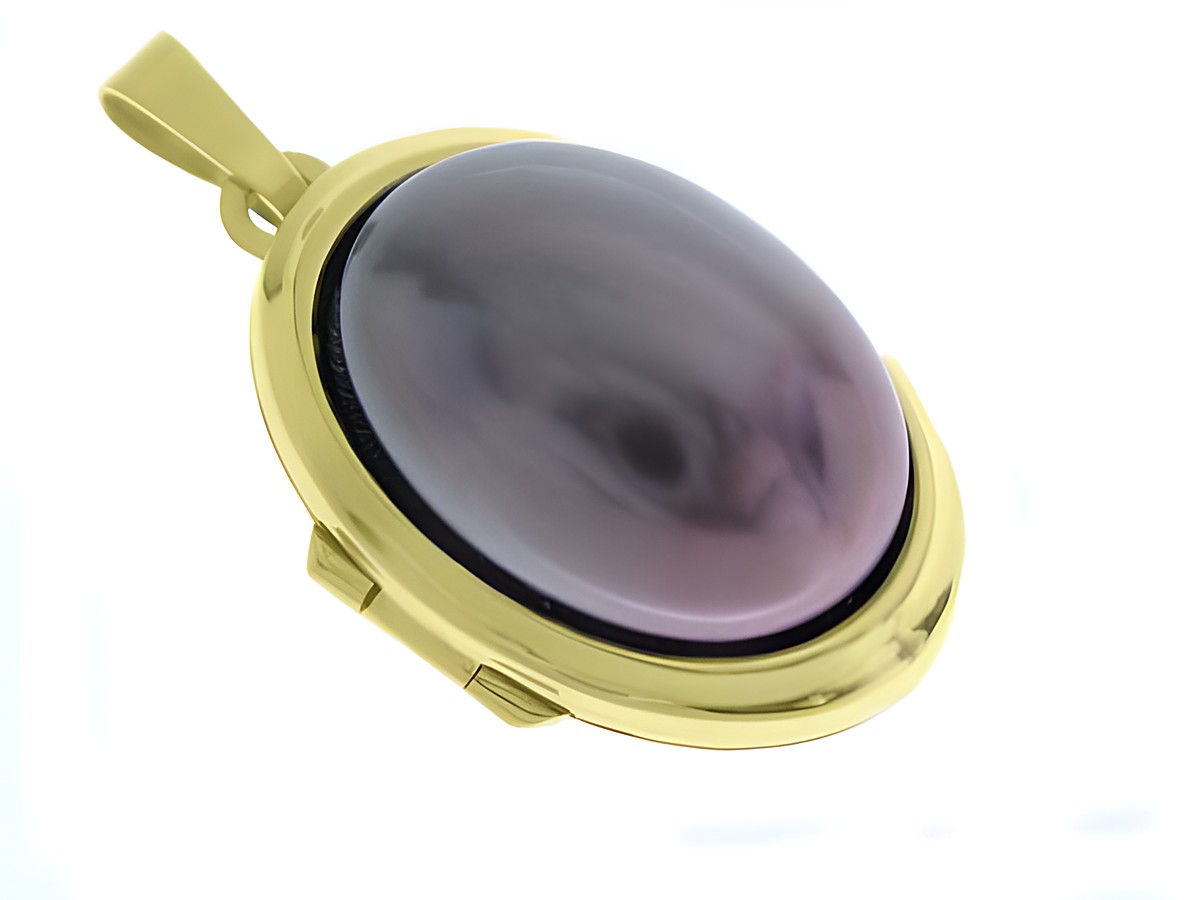 Perle GRAU Medaillon mit Cabochon aus Gold 585, Hersteller Juwelier Harnisch, elegantes Design mit geschwungener Form, ideal als Schmuckstück für besondere Anlässe.
