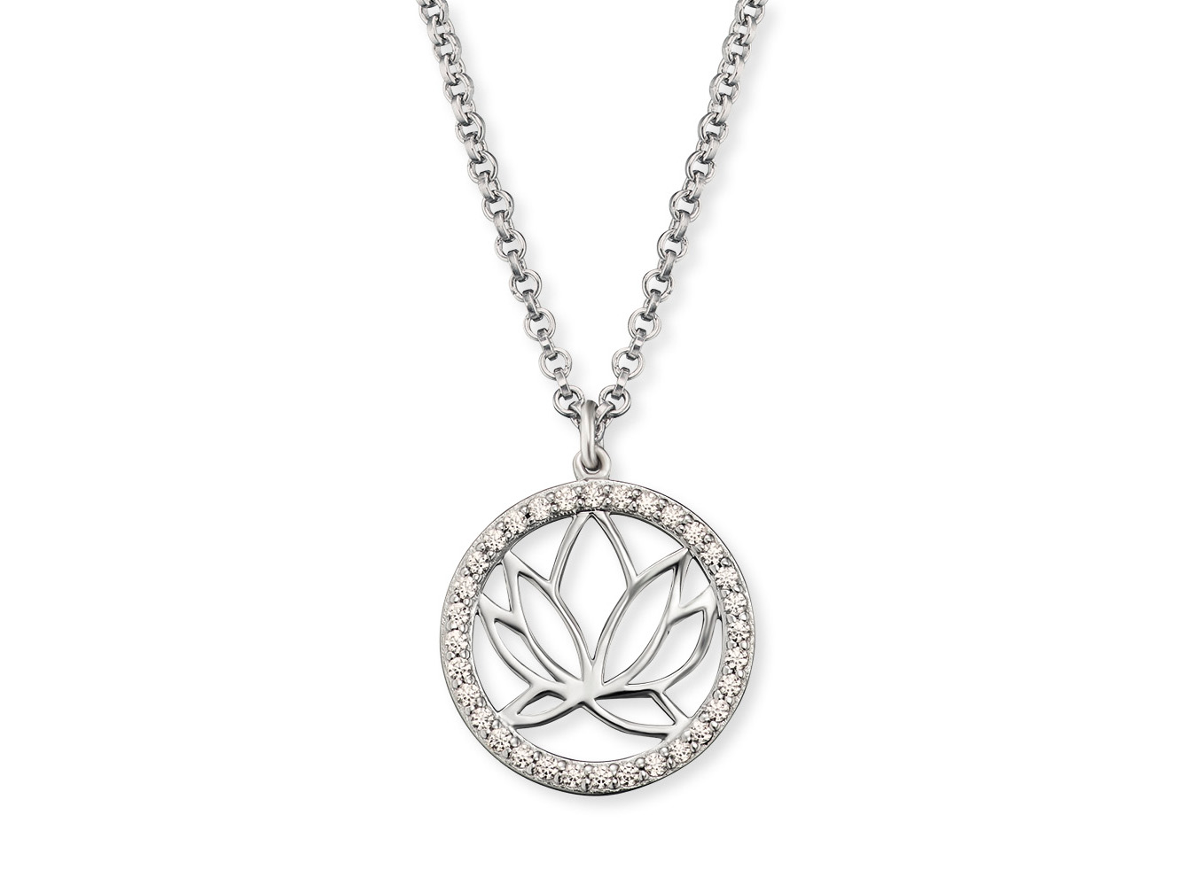 Halskette aus Silber mit rhodinierter Oberfläche, ausgestattet mit einem Lotus-Anhänger und Zirkonia-Steinen. Die Kette hat eine Länge von 40 cm und einen Anhänger von 13,5 mm.