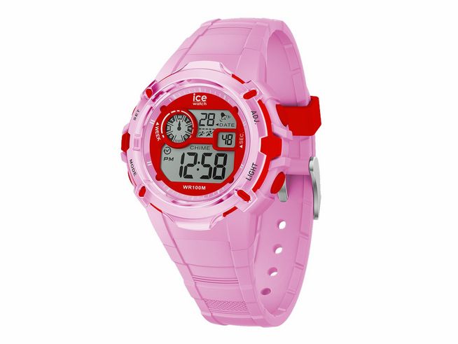 Die Ice Watch Uhr 023268 ICE digit explorer in Rosa Rot zeigt ein digitales Ziffernblatt mit analogen Elementen und einem robusten, pinken Armband. Ideal für sportliche Aktivitäten.