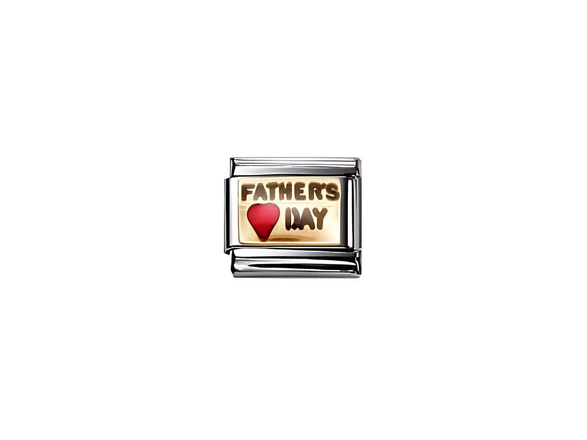 Ein emailliertes Charm mit der Aufschrift FATHER'S DAY und einem roten Herzen, gefertigt von Nomination, ideal als Geschenk zum Vatertag.