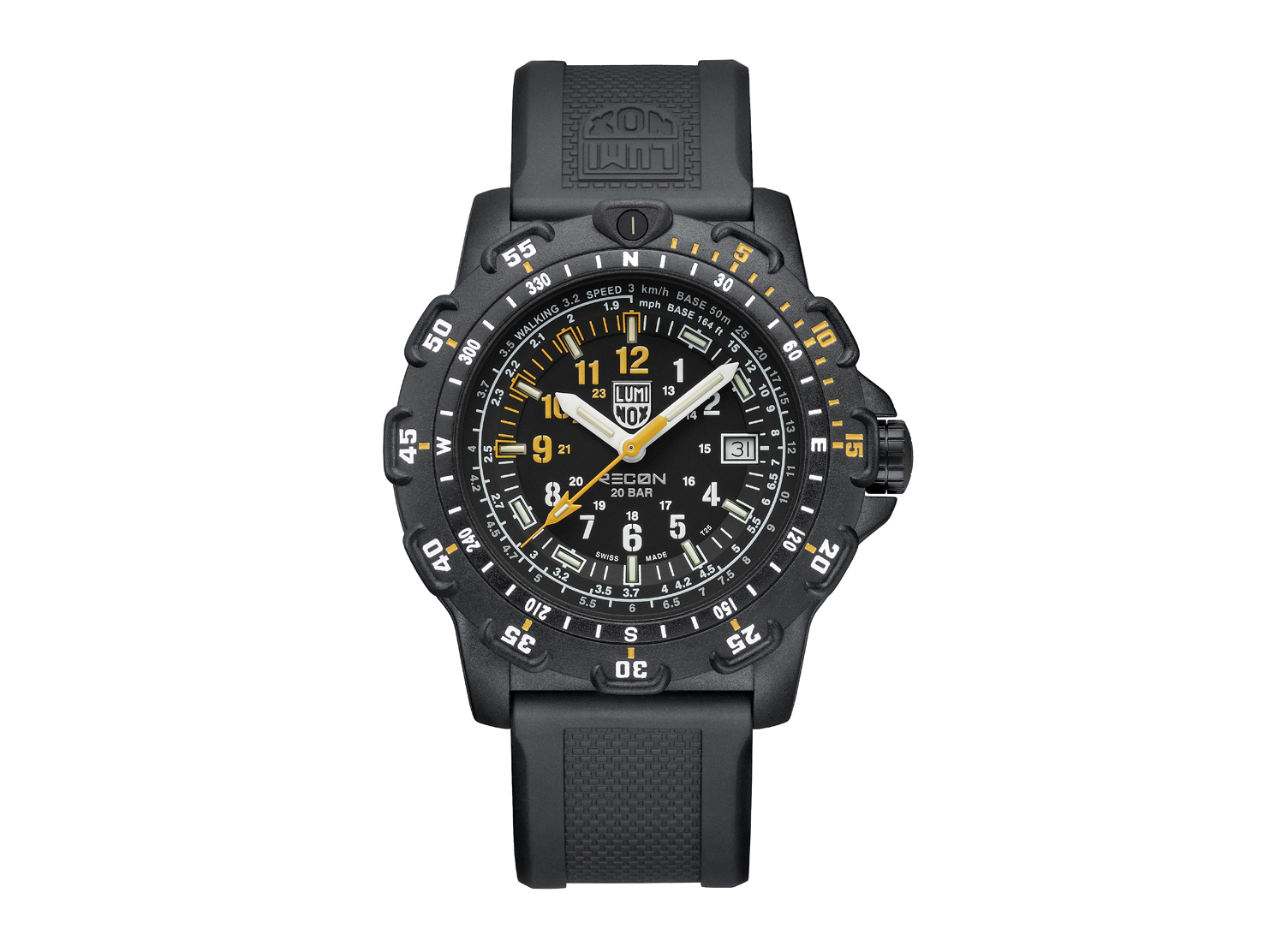 Luminox Uhr XL.8825.H.SET in Schwarz, 45 mm Durchmesser, aus der LAND Serie mit robustem Gehäuse, gelben und weißen Ziffern auf einem schwarzen Zifferblatt und einem bequemen Silikonarmband.