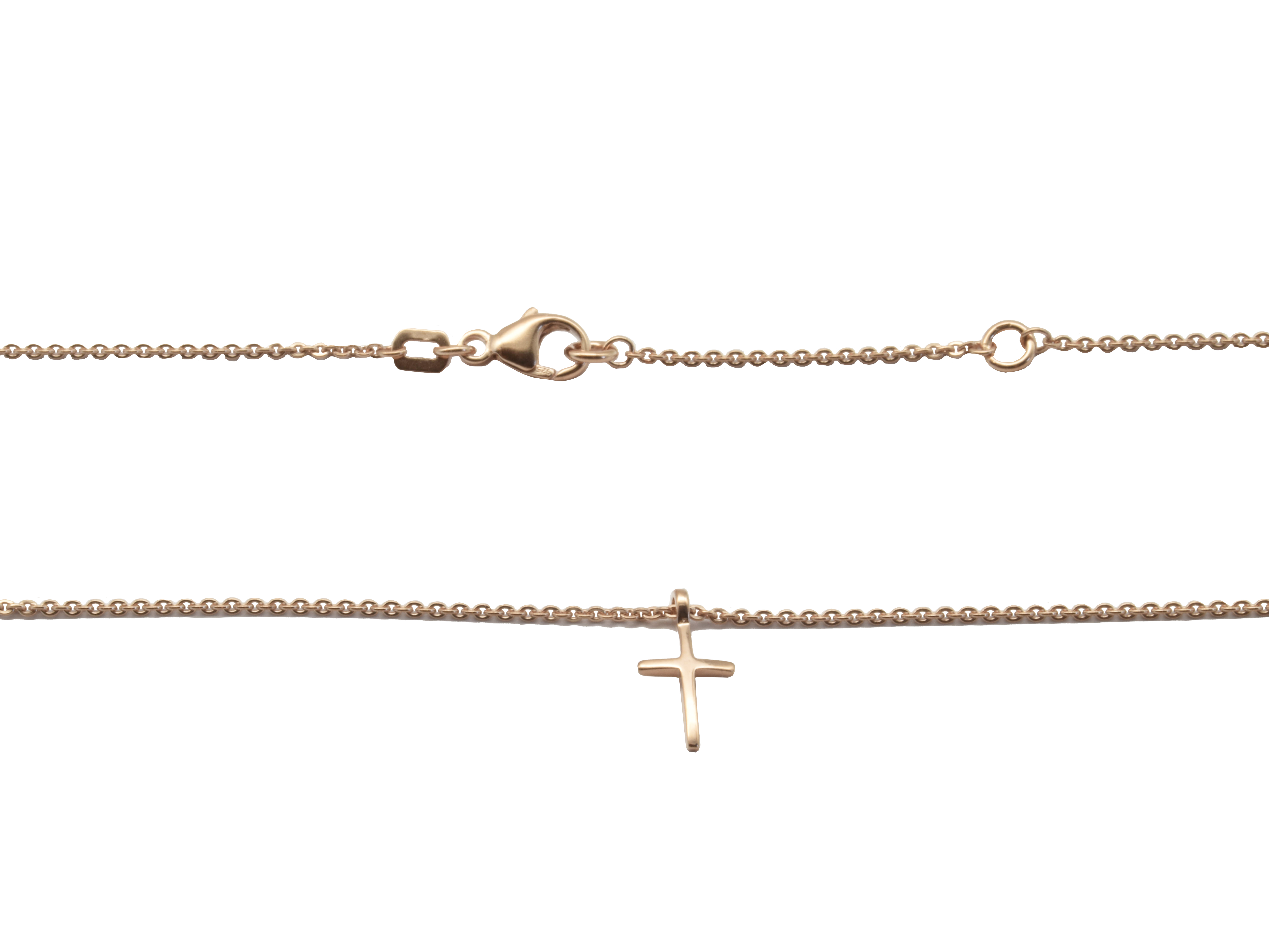 Kette Kreuz filigran aus Sterling Silber 925, vergoldet in Roségold, poliert, mit einem Mittelteil in Form eines Kreuzes, Länge 42+45 cm, hergestellt von Juwelier Harnisch.