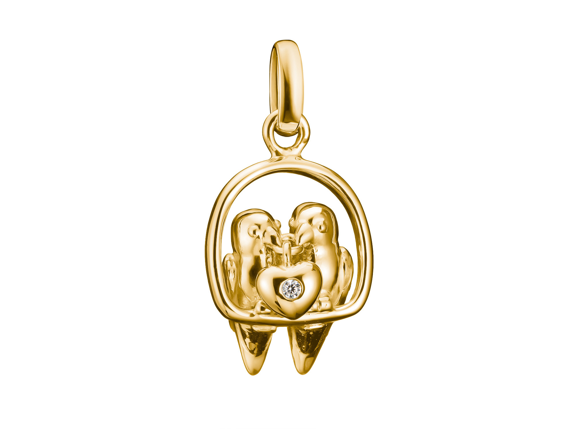 Charm aus Silber und vergoldetem Material in Form von zwei verliebten Vögeln in einem Herz, verziert mit einem Zirkonia. Design von Thomas Sabo aus der Charm Club CONNECT Kollektion.