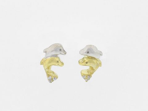 Ohrringe Silber rhod. in Form von verspielten Delfinen mit Zirkonia, Stecker-Design, Hersteller: Juwelier Harnisch, ideales Schmuckstück für tierliebende Menschen.