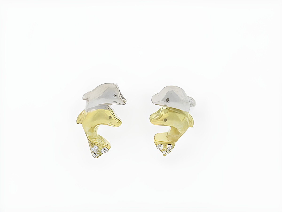 Ohrringe Silber rhod. in Form von verspielten Delfinen mit Zirkonia, Stecker-Design, Hersteller: Juwelier Harnisch, ideales Schmuckstück für tierliebende Menschen.