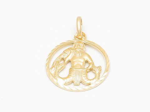 Wassermann Gold Anhänger diamantiert mit einer Größe von 17 mm, hergestellt von Juwelier Harnisch, mit detailreicher Darstellung des Wassermanns in einem runden Rahmen.