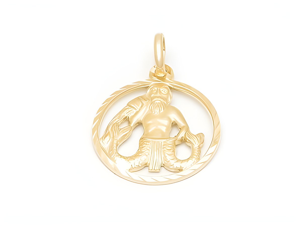 Wassermann Gold Anhänger diamantiert mit einer Größe von 17 mm, hergestellt von Juwelier Harnisch, mit detailreicher Darstellung des Wassermanns in einem runden Rahmen.