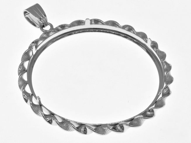 Münzfassung Anhänger mit Kordel aus 925 Sterling Silber rhodiniert, max. Durchmesser 41 mm für Münzen, Hersteller Juwelier Harnisch, elegante Gestaltung über 4 cm.