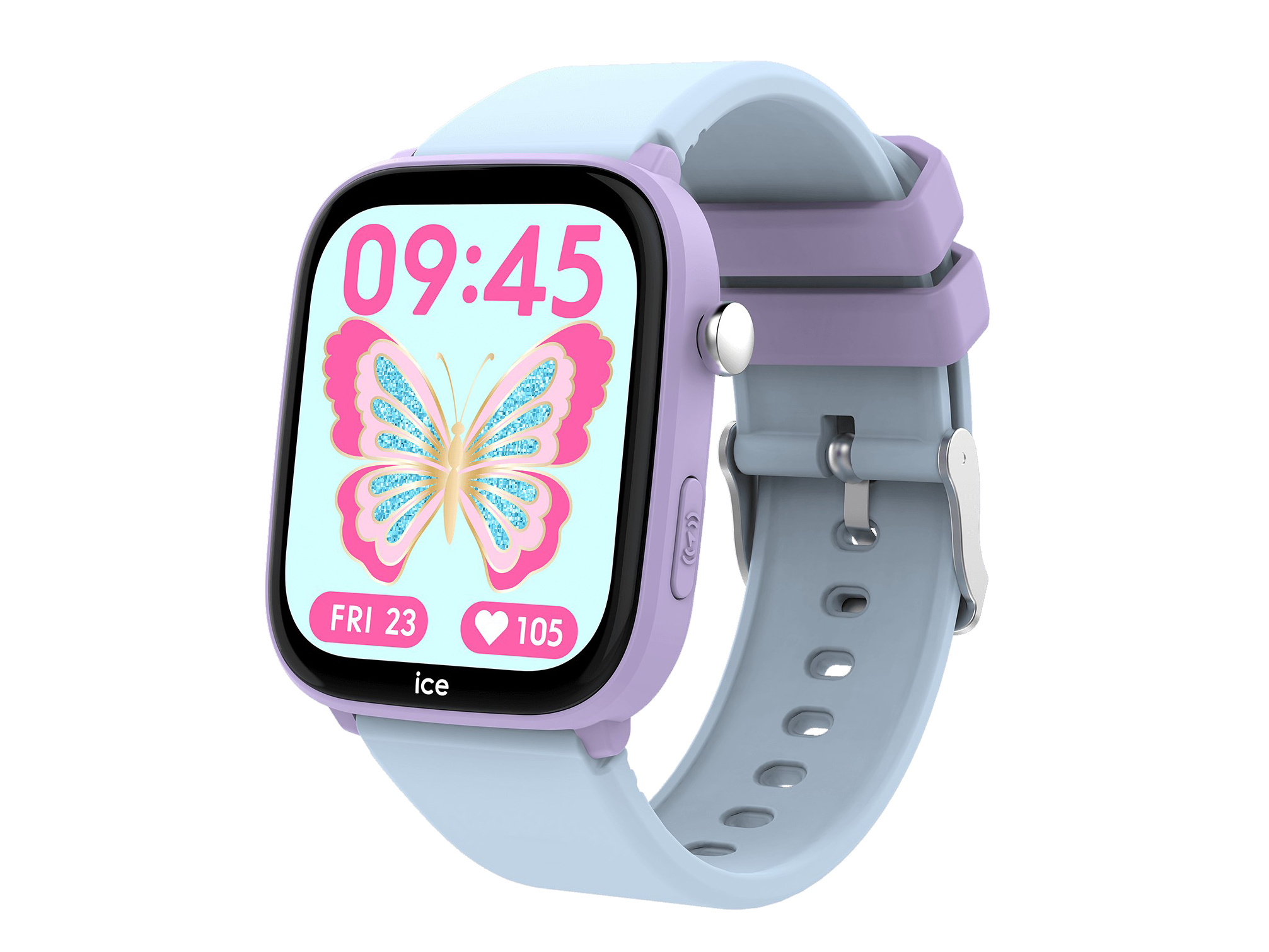 Ice Watch 024550 ICE smart junior 3.0 Find My Smartwatch in lila und hellblau mit einem bunten Schmetterlingsziffernblatt, Display zeigt Uhrzeit, Datum und Herzfrequenz an.