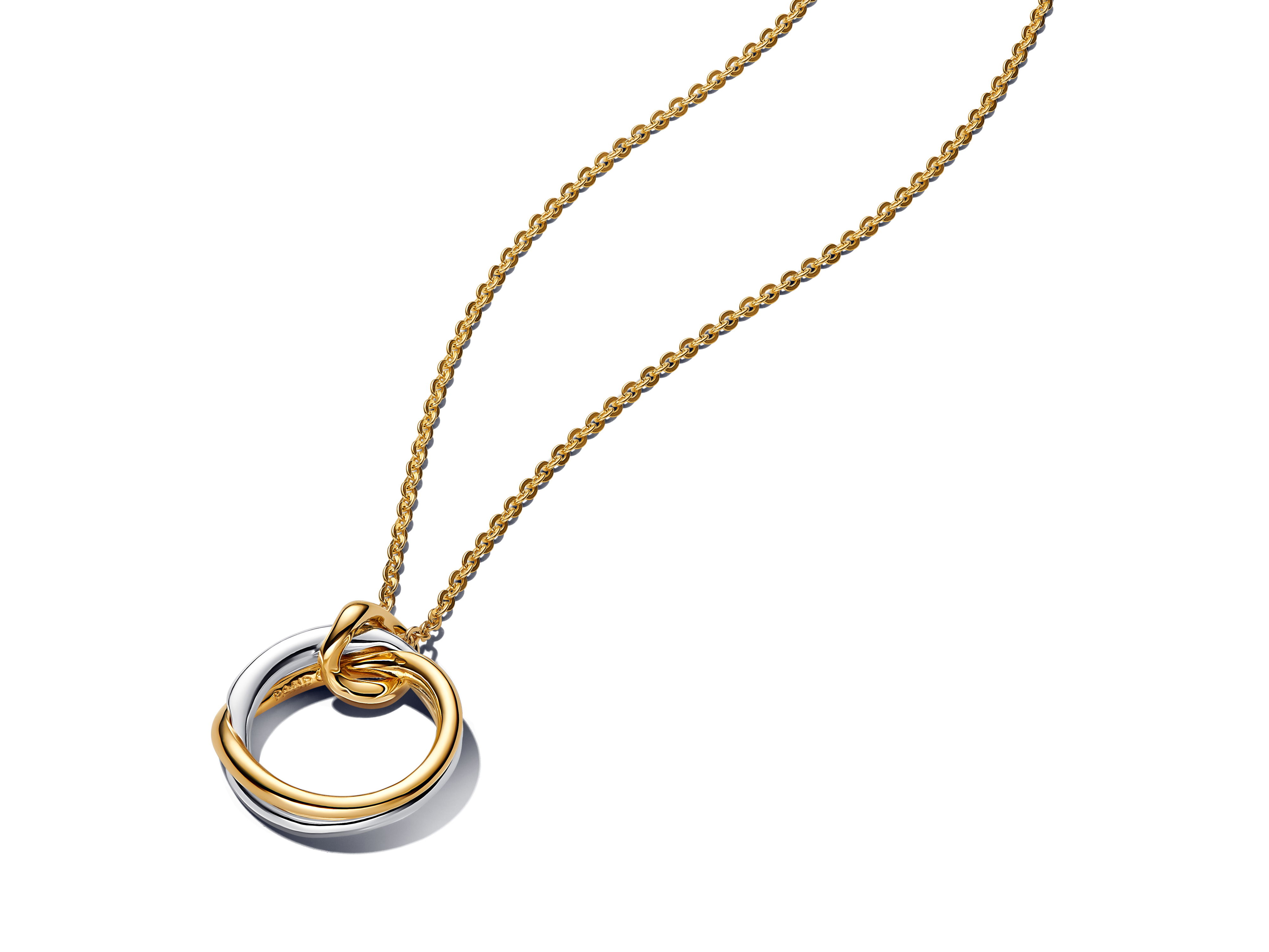 Bicolor Halskette von Pandora mit organisch geformtem Anhänger, gefertigt aus zwei Materialien in Gold und Silber, auf einer 45 cm langen Kette, elegant und modern.