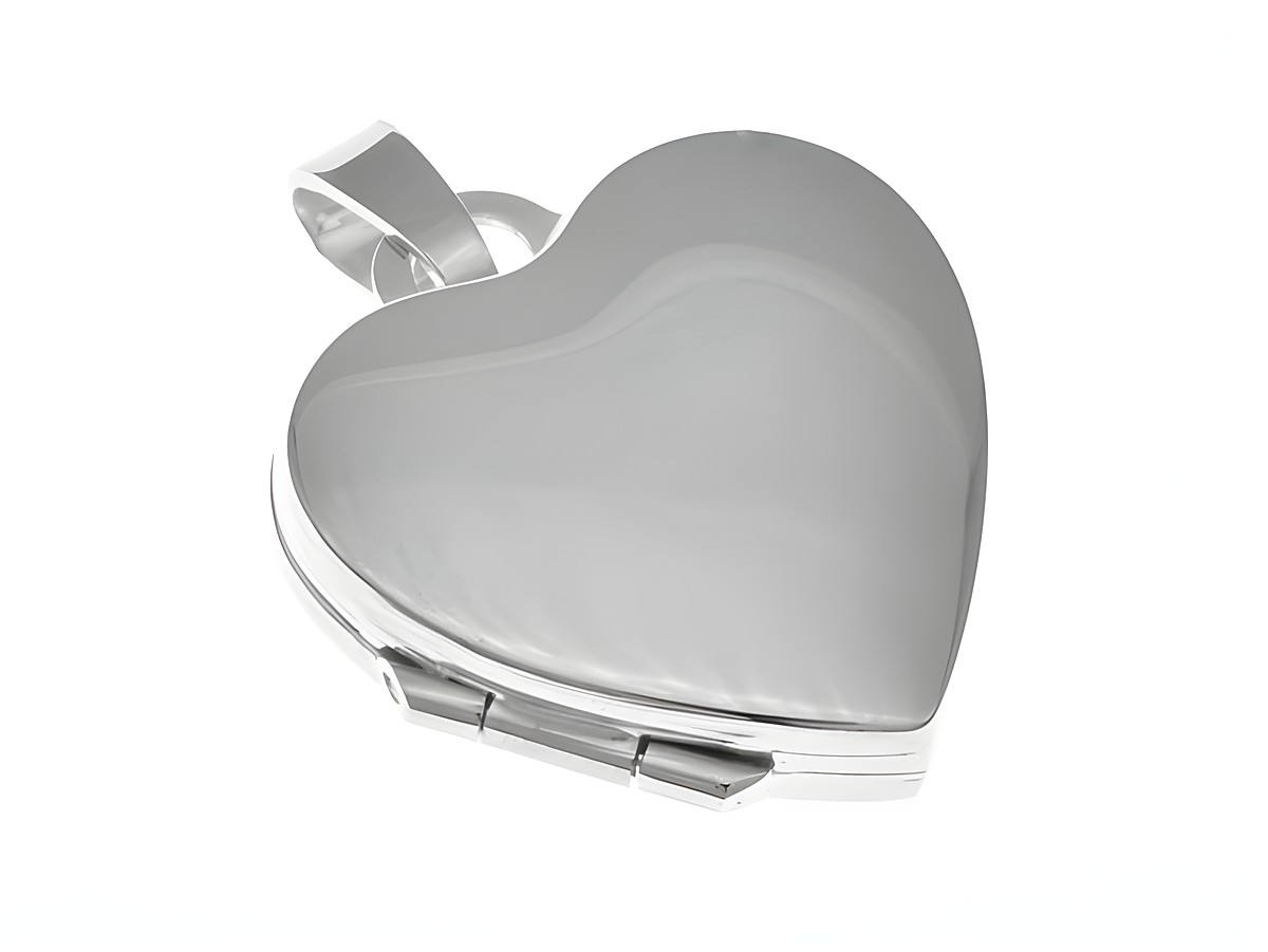 Medaillon in Herzform aus Sterling Silber, rhodiniert und teilmattiert, zeitloses Design, Hersteller Juwelier Harnisch, elegantes Schmuckstück für besondere Anlässe.